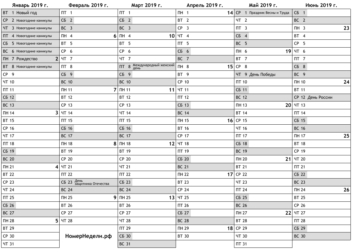 Календарь на 2019 с номерами недель … скачать PDF